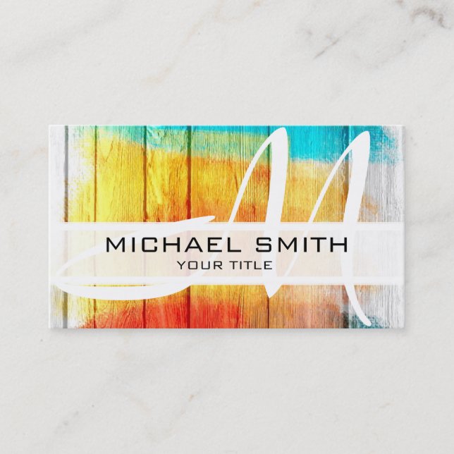 Wood Painted Coloured Modern Monogram #3 Business Card (Front)