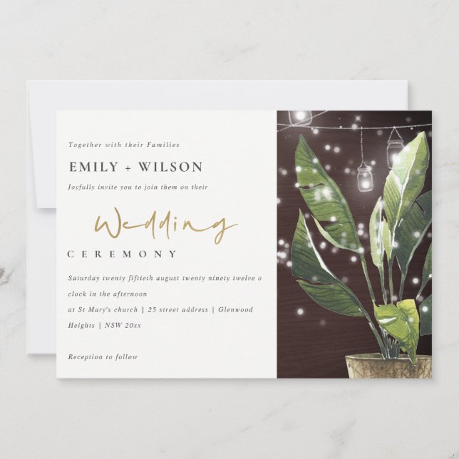 WOOD PALM STARRY NIGHT MASON JAR WEDDING INVITE (Front)