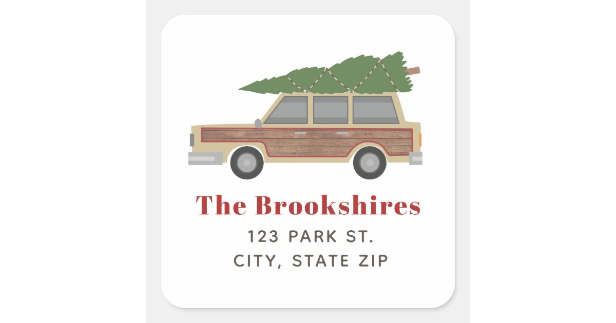 Wood Panel Car Christmas Tree Address Square Sticker Zazzle