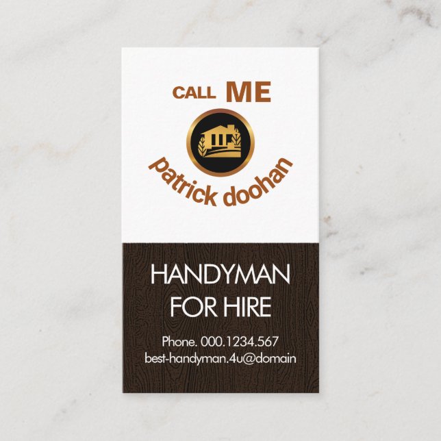 Wood Panel Smiling Handyman Face Carpenter Business Card (Front)