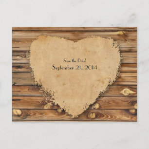 Wood Parchment Tattered Heart Save the Date Announcement Postcard