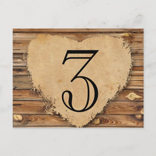 Wood Parchment Tattered Heart Table Number Postcard (Front)