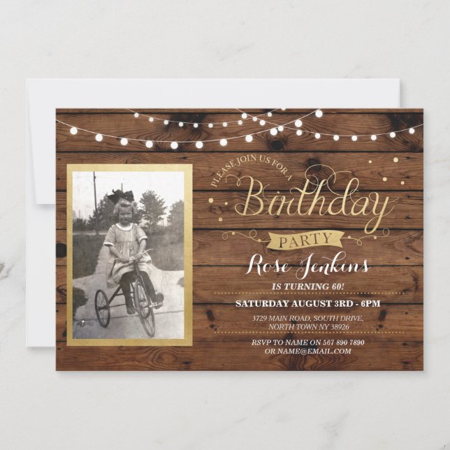 Wood Photo Birthday Lights Rustic Invitation (Front)