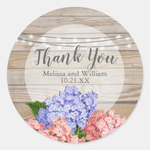 Wood Pink Hydrangea String Lights Bridal Classic Round Sticker