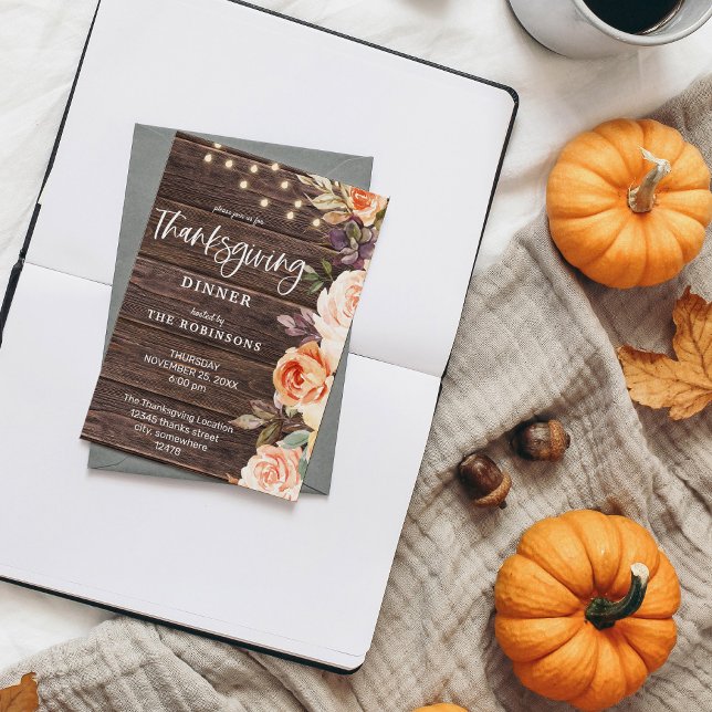 Wood Pink & Peach Floral w/ Lights Thanksgiving Invitation (Creator Uploaded)
