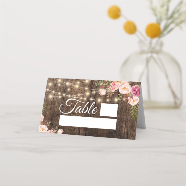 Wood & Pink Roses String Lights Wedding Place Card (Front)