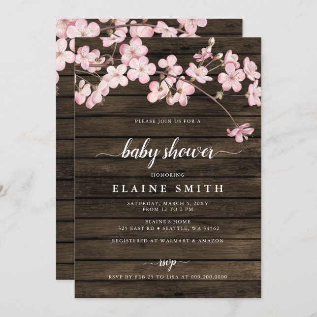 Wood Pink Sakura Cherry Blossoms Baby Shower Invitation (Front/Back)