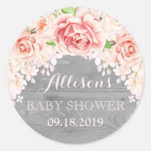 Wood Pink Watercolor Flowers Baby Shower Favour Classic Round Sticker