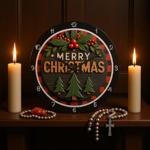 Wood Plaid Christmas Large Clock