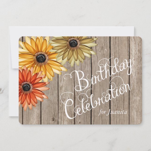 Wood Plank Autumn Flowers Custom Birthday Invite (Front)