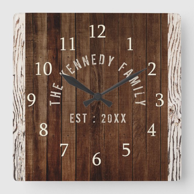 Wood Plank Family Name Farmhouse Square Wall Clock (Front)