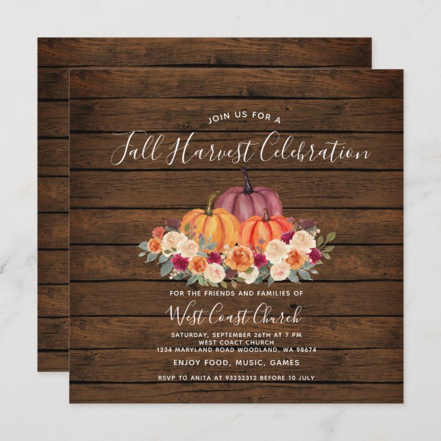 Wood Pumpkin Fall Harvest Party Fall Community  Invitation (Front/Back)