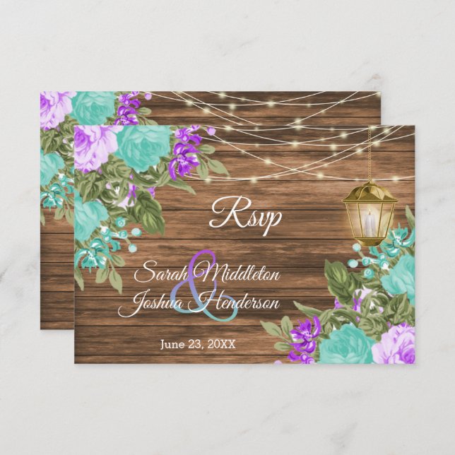 Wood, Purple and Teal Flower - RSVP (Front/Back)