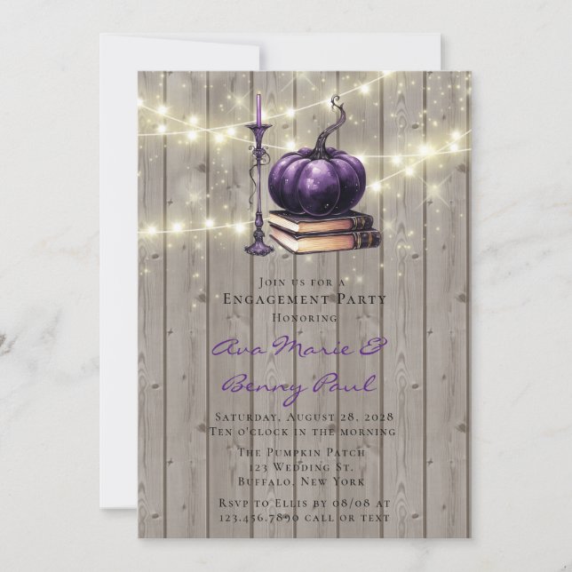 Wood Purple Pumpkin Candle Engagement Party Invitation (Front)