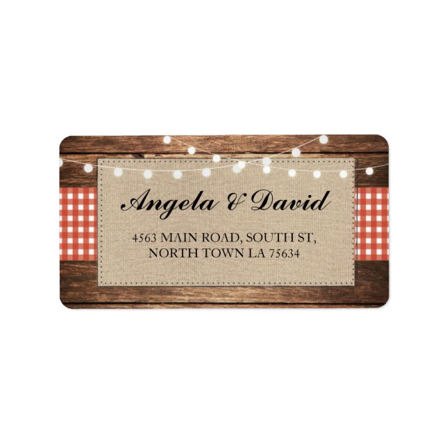 Wood Red Check Burlap Rustic Wedding Address Label (Front)
