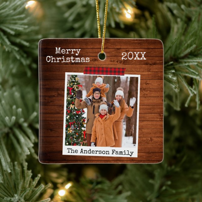 Wood Red Plaid Craft Tape Instant Photo Style Ceramic Ornament (Tree)