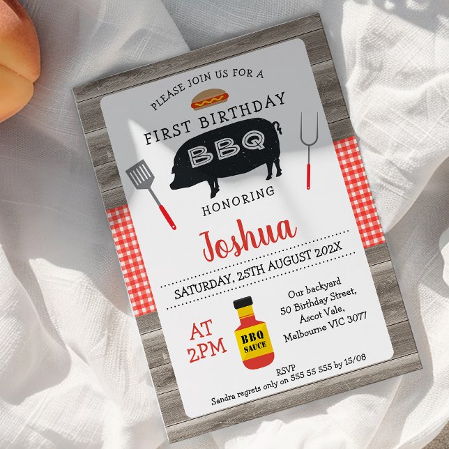 Wood Red Plaid Pig BBQ 1st Birthday Invitation (Red gingham and wood BBQ first birthday invitation featuring a pig silhouette and cooking utensils. )