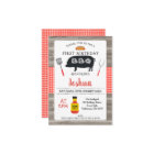 Wood Red Plaid Pig BBQ 1st Birthday Invitation