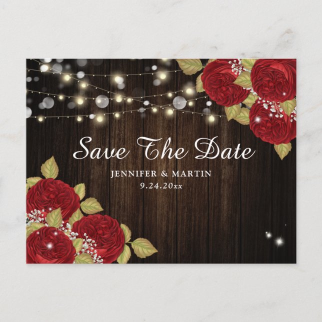 Wood Red Rose Wedding Save The Date Postcards (Front)