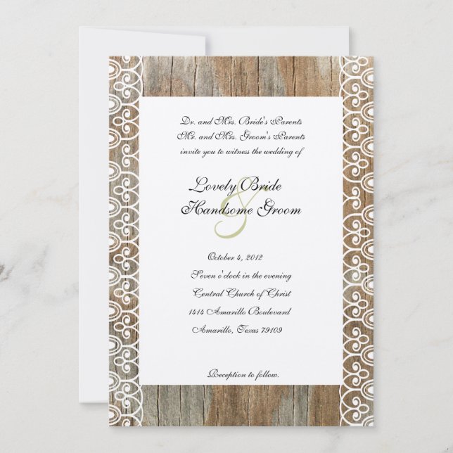 Wood Rings Shabby Lace Heart Wedding Invitation (Front)