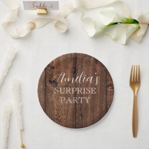 Wood Rustic and White Surprise Birthday Party Paper Plate