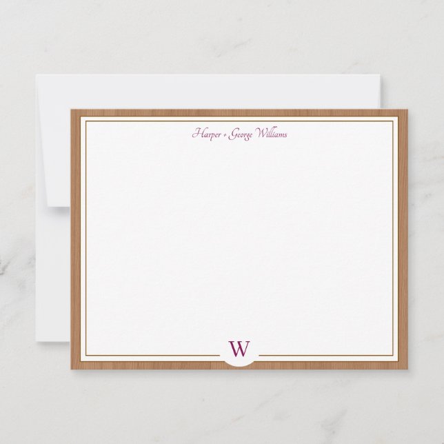 Wood Rustic Boho Monogram Custom Wedding Burgundy Card (Front)