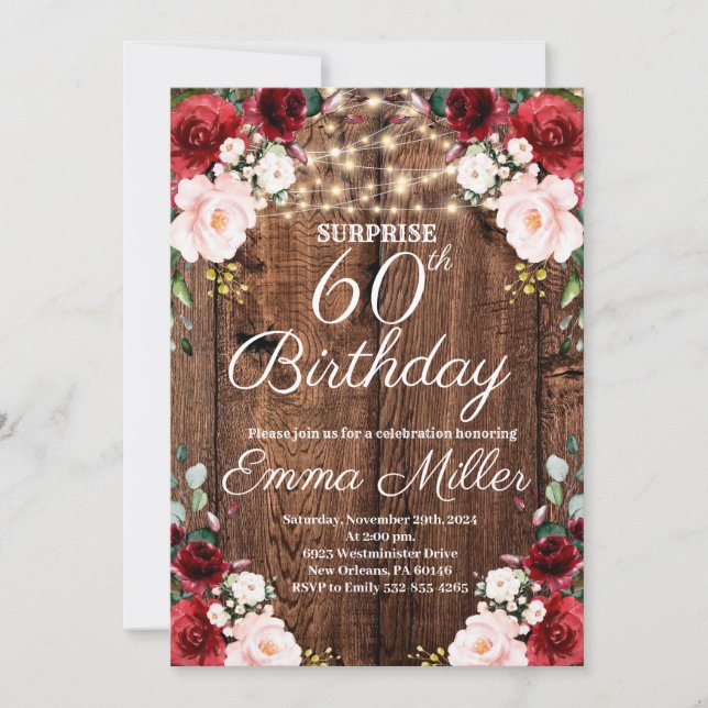 Wood Rustic Burgundy Floral Surprise 60th Birthday Invitation (Front)