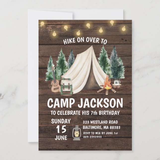 Wood Rustic Camping Kid's Birthday Invitation (Front)