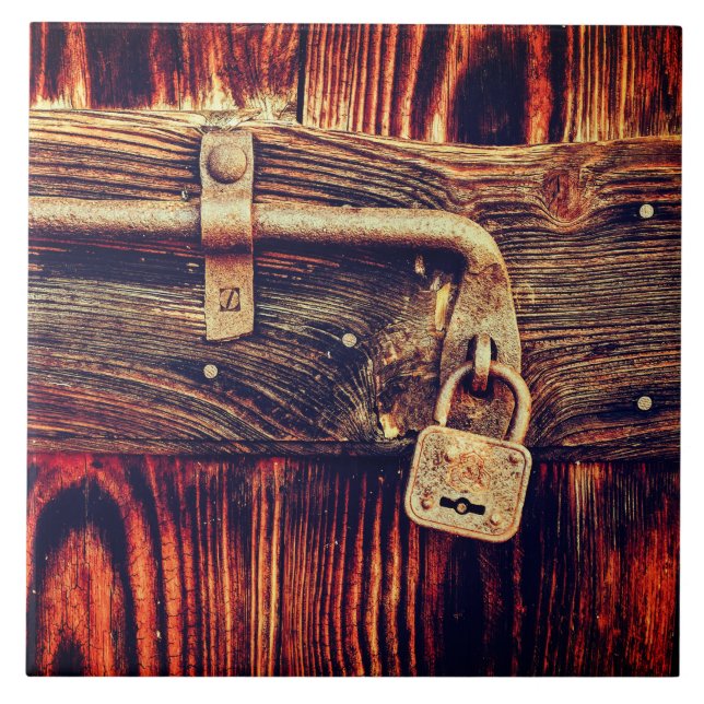 Wood Rustic door antique brass lock brown  Ceramic Tile (Front)