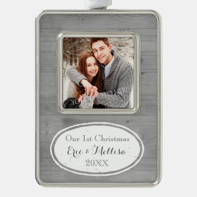 Wood Rustic First Christmas Couple Ornament (Front)