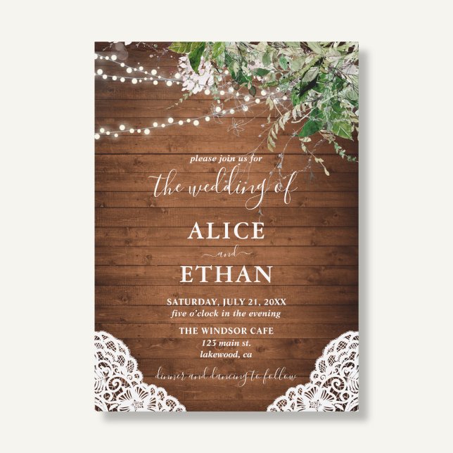 Wood Rustic Forest Greenery Script Wedding Invitation (Creator Uploaded)