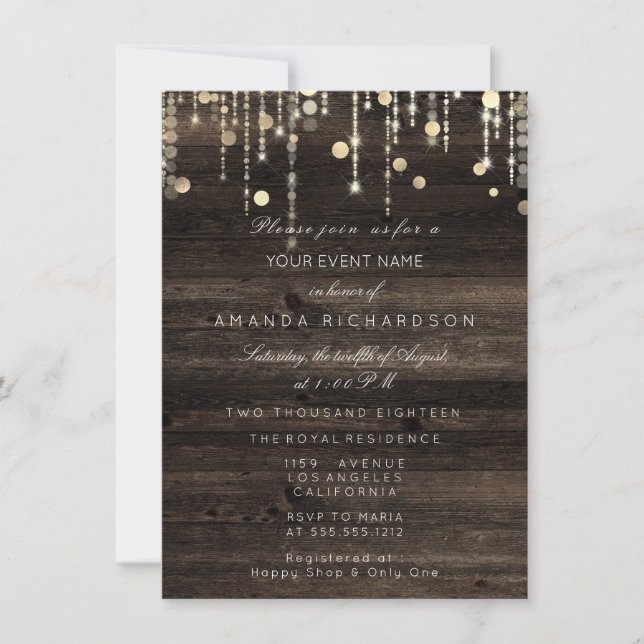 Wood Rustic Gold Drips Birthday Bridal Shower Invitation (Front)