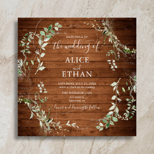 Wood Rustic Greenery Script Wedding Invitation