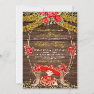 Wood Rustic Mexican Red Charra Baby Shower Invite