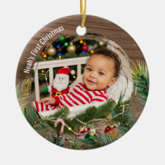 Wood Rustic Pine Baby's First Christmas Ceramic Ornament