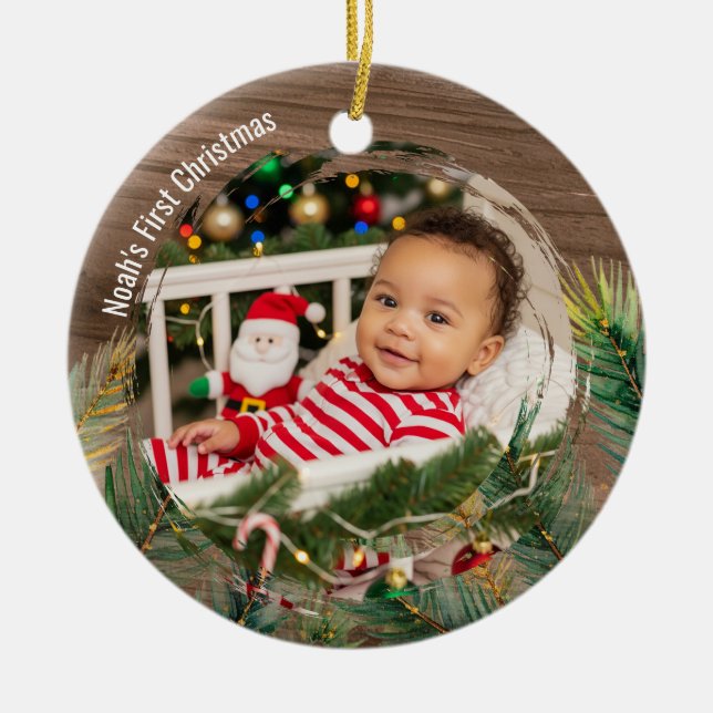 Wood Rustic Pine Baby's First Christmas Ceramic Ornament (Front)