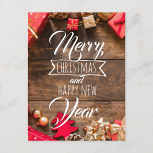 Wood Rustic Red Gold White Typography Christmas Postcard