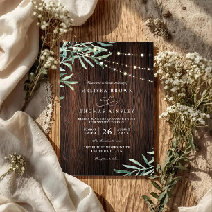 Wood Rustic String Light Country QR Code Wedding Invitation