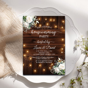 Wood Rustic String Lights Housewarming Party Invitation