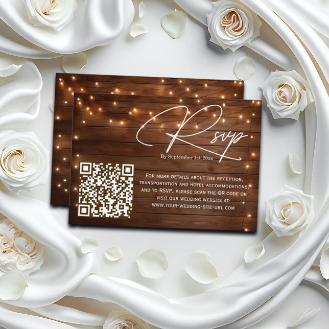 Wood Rustic String Lights QR Code Wedding RSVP (Creator Uploaded)