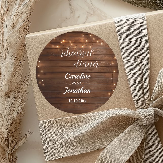 Wood Rustic String Lights Rehearsal Dinner Wedding Classic Round Sticker (Creator Uploaded)