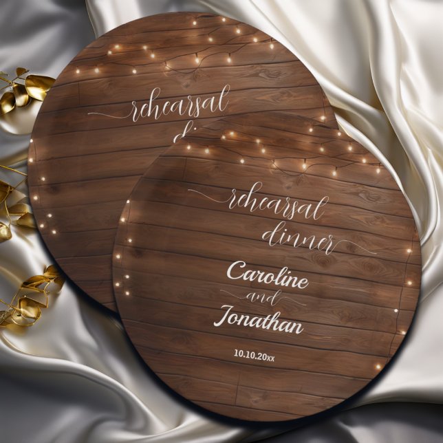 Wood Rustic String Lights Rehearsal Dinner Wedding Paper Plate (Creator Uploaded)