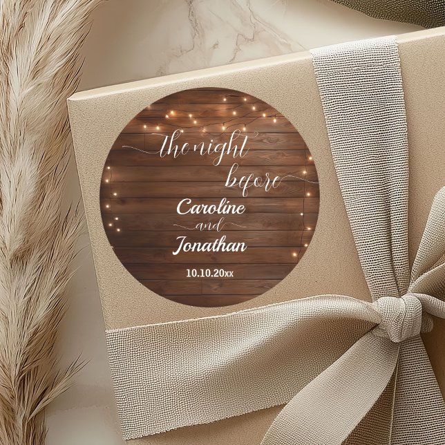 Wood Rustic String Lights The Night Before Wedding Classic Round Sticker (Creator Uploaded)