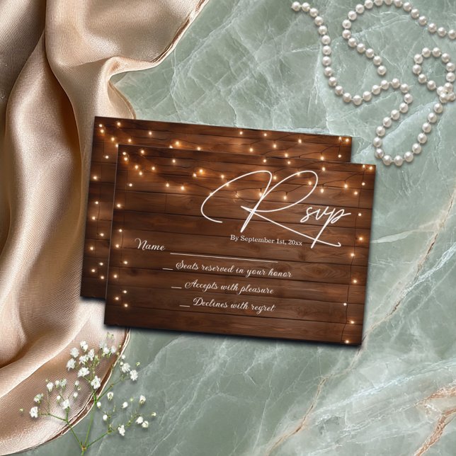 Wood Rustic String Lights Wedding RSVP Card (Creator Uploaded)