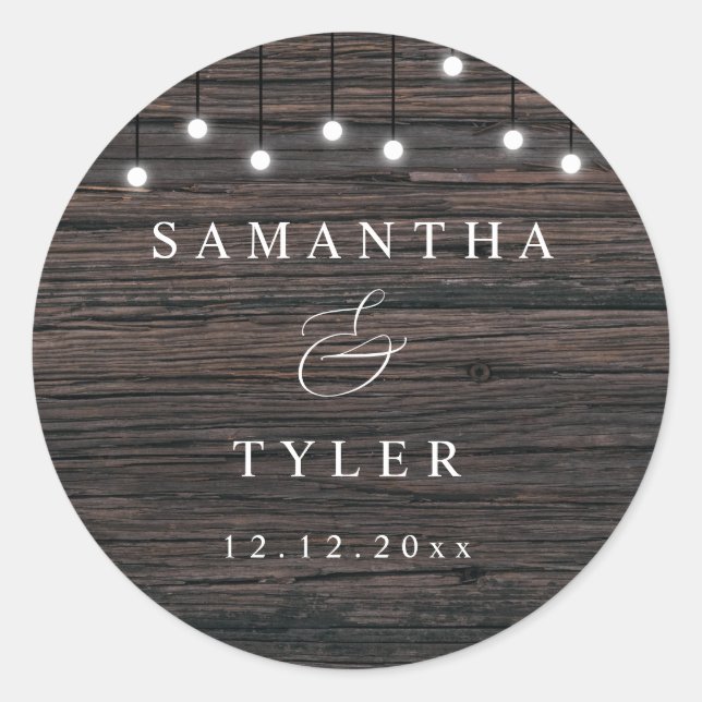 Wood Rustic String Lights Wedding Sticker (Front)