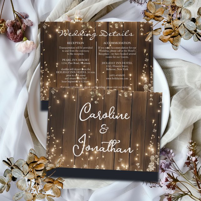 Wood Rustic String Lights White Floral Details Enclosure Card (Creator Uploaded)