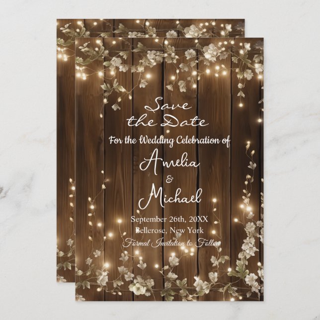 Wood Rustic String Lights White Floral  Save The Date (Front/Back)