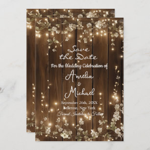 Wood Rustic String Lights White Floral Save The Date