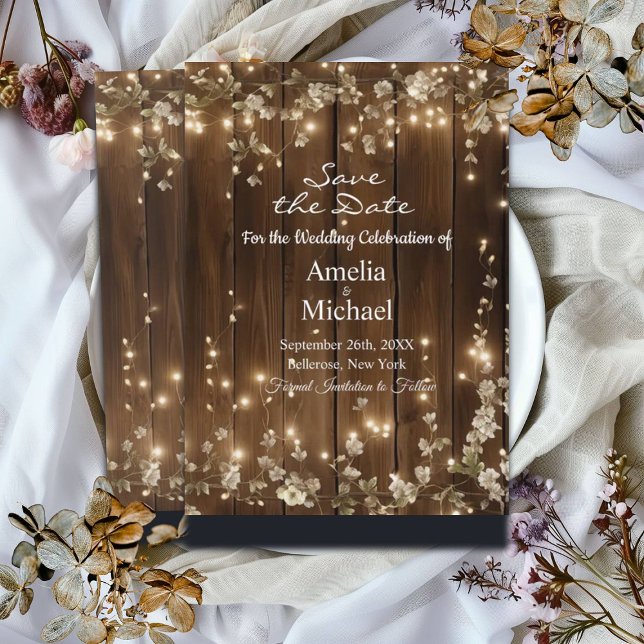 Wood Rustic String Lights White Floral  Save The Date (Creator Uploaded)