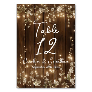 Wood Rustic String Lights White Floral Table No. Table Number